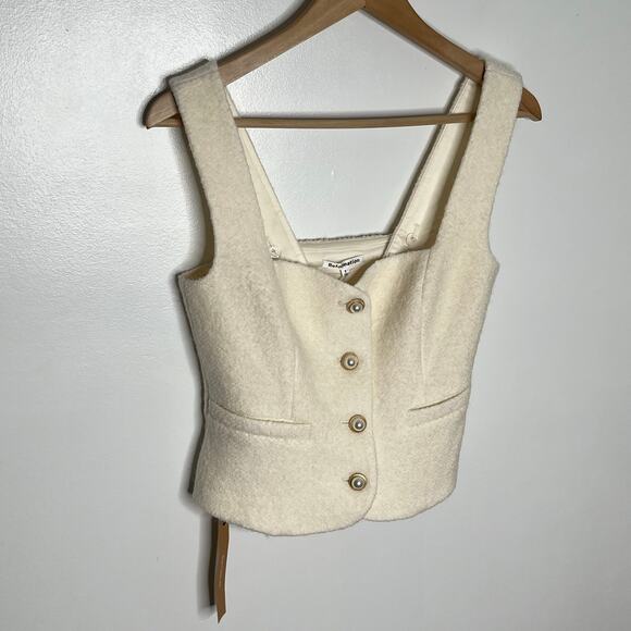 Reformation Amora Top Womens 2 Cream Button Front Wool Blend Preppy - Picture 4 of 14